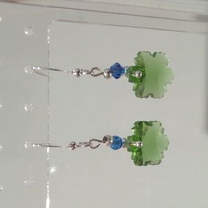Handmade Green Crystal Flower Silver Plated Drop Earrings